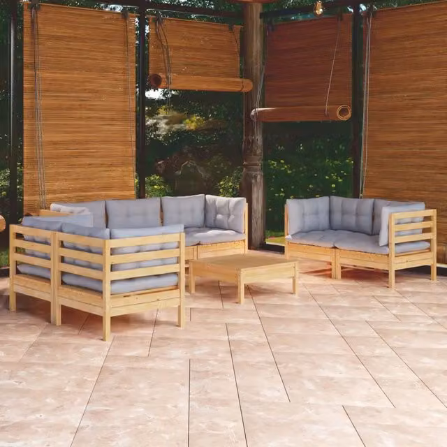 Set Divani da Giardino 8 pz con Cuscini Grigi Massello di Pino 3096261