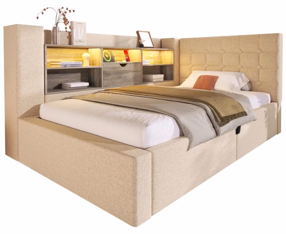 Letto imbottito con contenitore - 90 x 190 cm - Illuminazione LED - Contenitore ad apertura idraulica - Testiera a forma di "L" - Colore beige