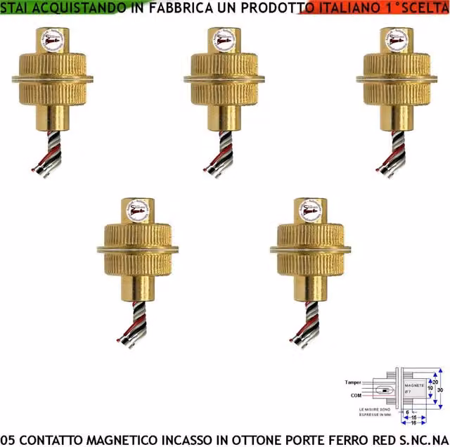 Set di 5 Sensori Magnetici a Cilindro Securvera in Ottone Oro da Incasso per Allarme Reed, Contatto per Cancello o Porta, Protezione IP65