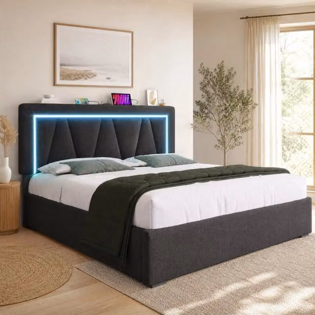 Letto contenitore 140x200 cm grigio, rivestito in lino con LED, USB e Type C, senza materasso