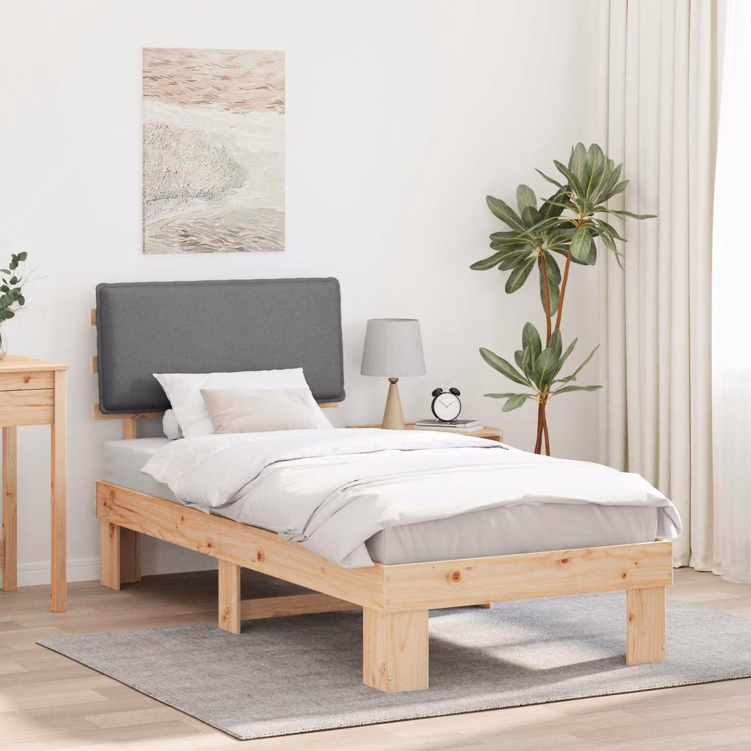 Letto con Testiera Rivestita vidaXL in Legno di Pino e Tessuto Grigio 100 x 200 cm – 1