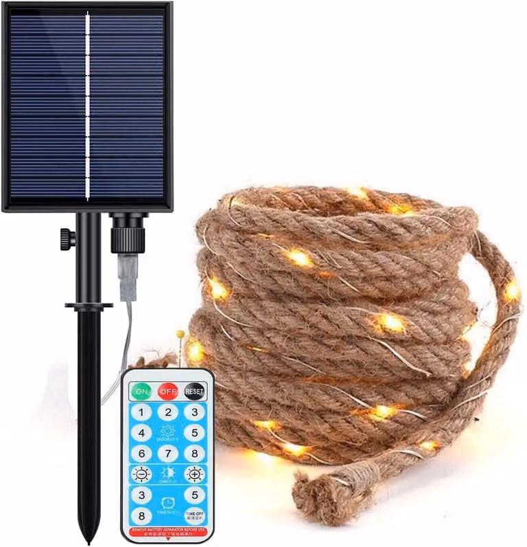Catena luminosa solare con cavo in canapa, 10 metri, 200 LED, luce bianco caldo, grado di protezione IP65, 8 modalità