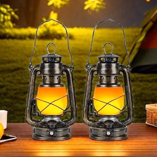 Set di 2 lanterne da esterno LED in stile vintage, finitura color rame, ricaricabili, effetto fiamma realistico, dimmerabili, con 3 modalità di illuminazione e maniglia per il trasporto