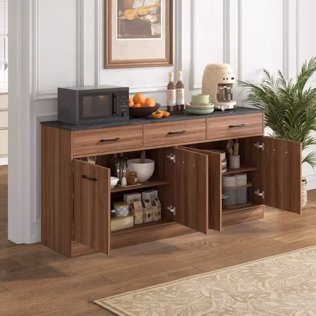 Credenza da cucina con 3 cassetti; 2 vani e ripiani regolabili in MDF noce con piano effetto cemento