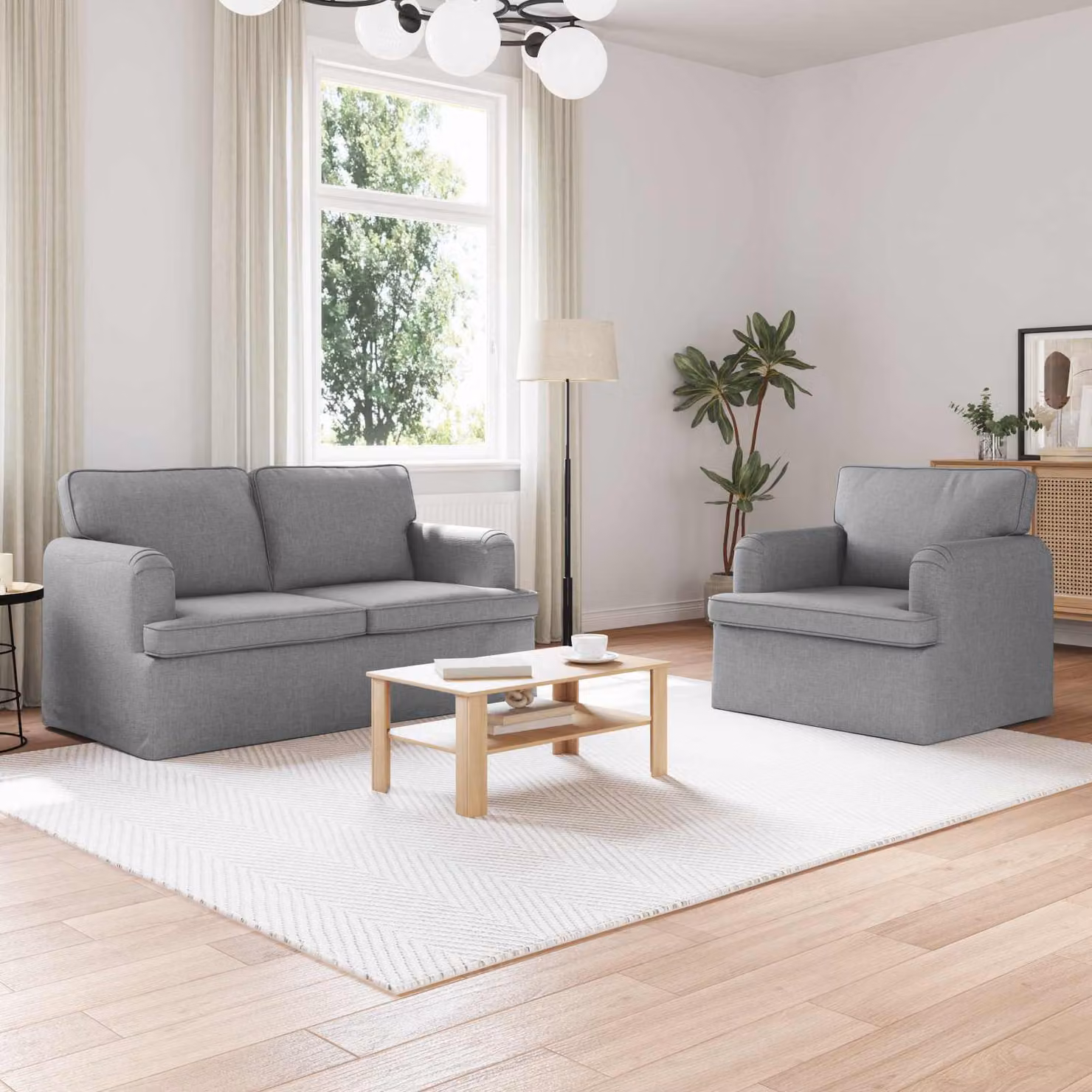 Set di 2 divani moderni vidaXL in tessuto grigio con struttura in metallo L/P/H: 144 x 80 x 85 cm – 1