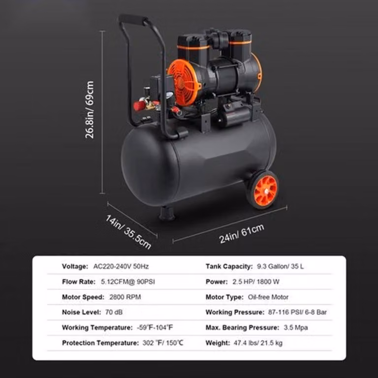 Compressore d'aria - 35 litri - Senza olio - 2,5 cavalli - Silenzioso (70 dB) - 8 bar - Portatile