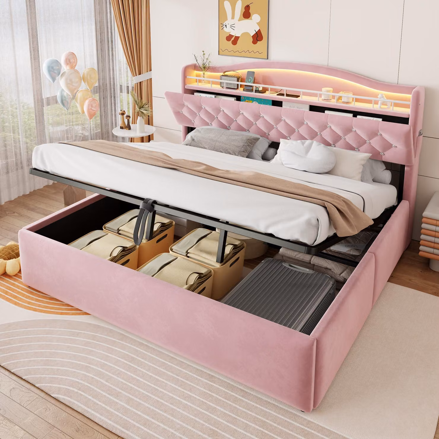 Letto imbottito Merax 180x200 cm con testiera LED e spazio contenitore ad apertura idraulica, letto matrimoniale in velluto con struttura in metallo, letto contenitore con prese di corrente, color rosa
