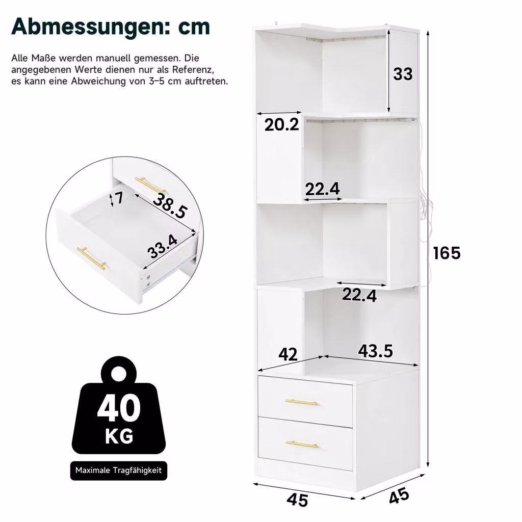 Libreria angolare OKWISH bianca con illuminazione LED, 4 ripiani aperti e 2 cassetti per soggiorno, camera da letto o ufficio, H 165 x L 45 x P 45 cm – 2