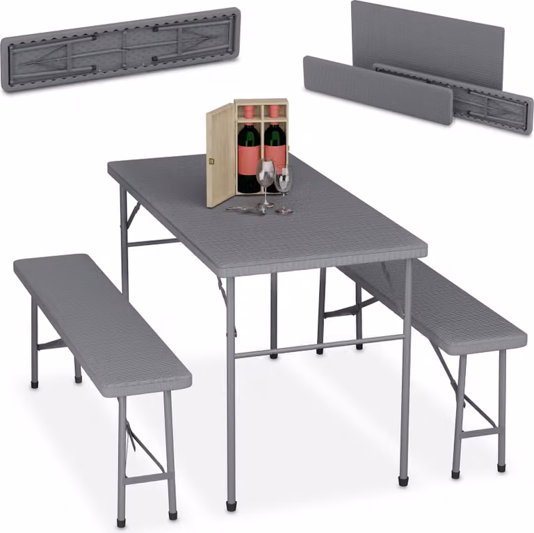 Set da birreria pieghevole Relaxdays, set da 3 pezzi con panca da birreria e tavolo grande, da giardino, set da tendone, effetto rattan, grigio