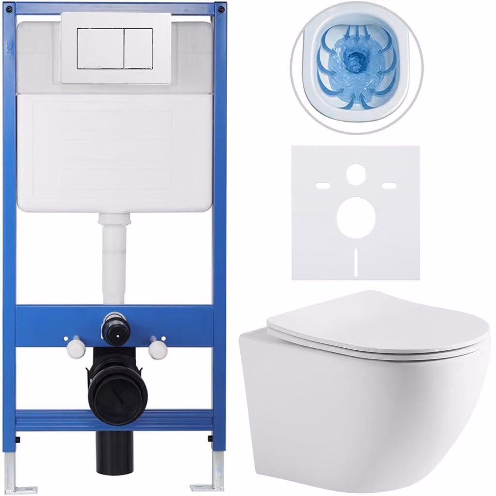 Kit completo per WC sospeso Lite/Cesso - bianco opaco - pulsante per WC Classic, bianco - installazione a parete/con pannello di cartongesso - 49x36 cm