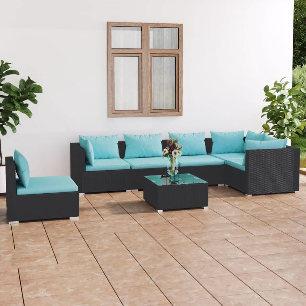 The Living Store Set da giardino 7 pezzi con cuscini in poly rattan nero