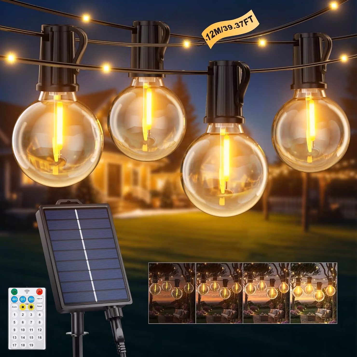 Catena luminosa da 12 metri - Tipo G40 - A energia solare - Per uso esterno