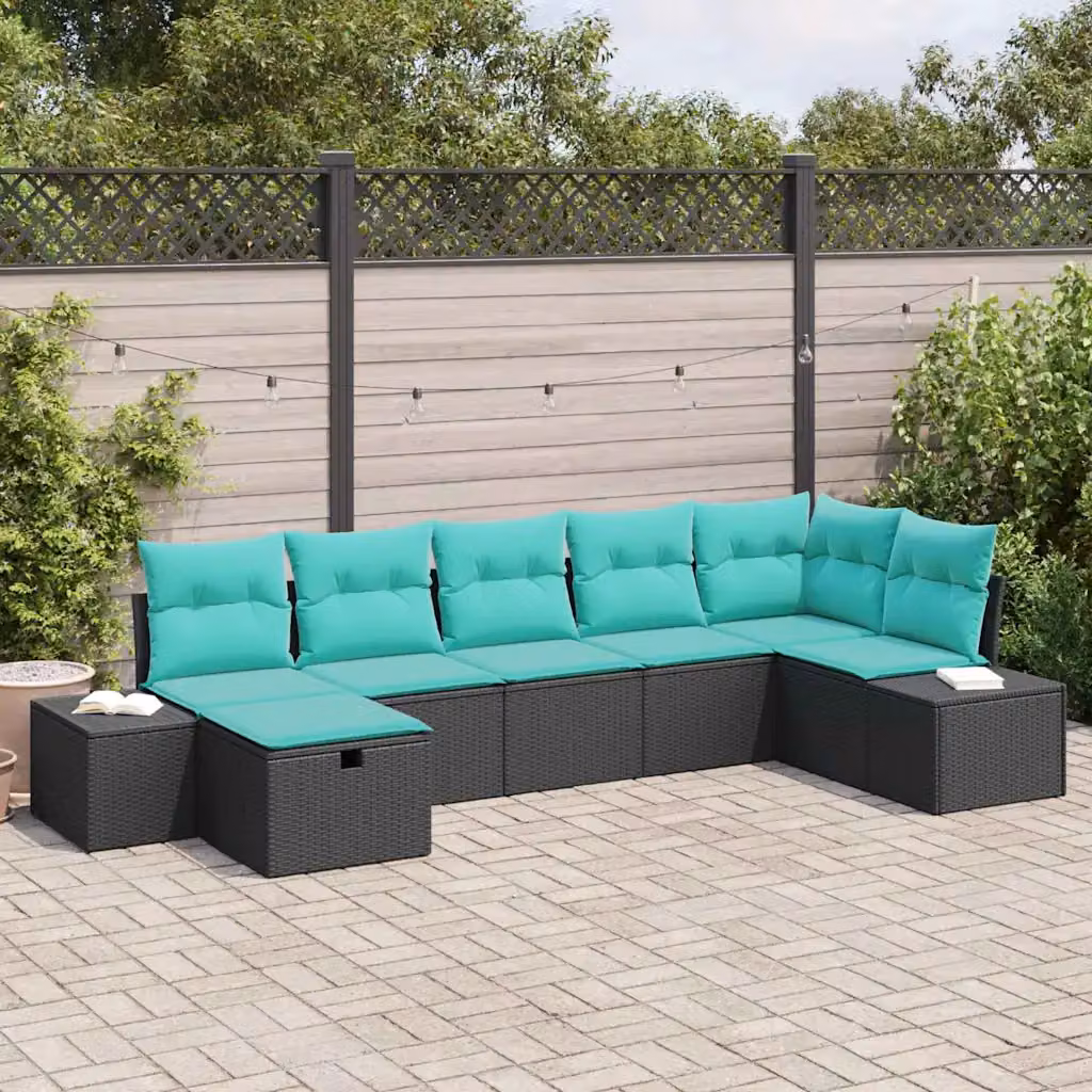 Set di divani da giardino vidaXL in polyrattan con struttura in acciaio nero e cuscini color turchese, composizione a L con elemento angolare e pouf