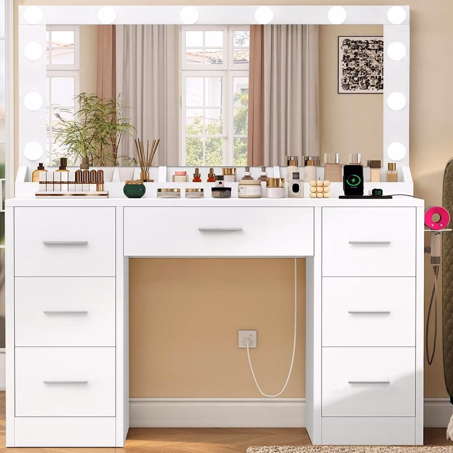 Comò da trucco con illuminazione, presa di corrente, specchio a 3 colori, 7 cassetti, bianco