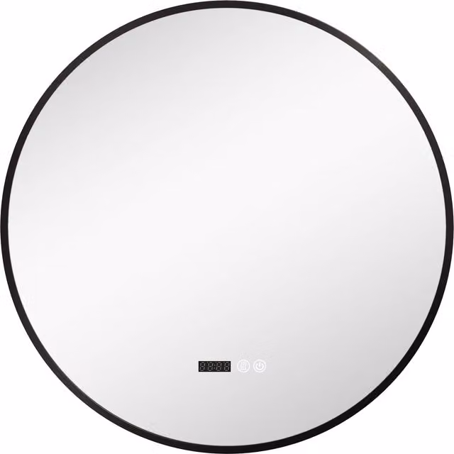 Specchio da bagno rotondo HOMCOM con luce LED regolabile, funzione antiappannamento e display tempo e temperatura, Nero, Ø 70 cm