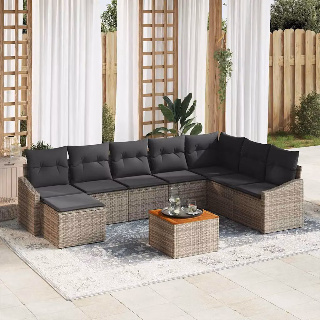 Set Divano da Giardino a L vidaXL in Polyrattan Grigio con 9 Pezzi e Cuscini
