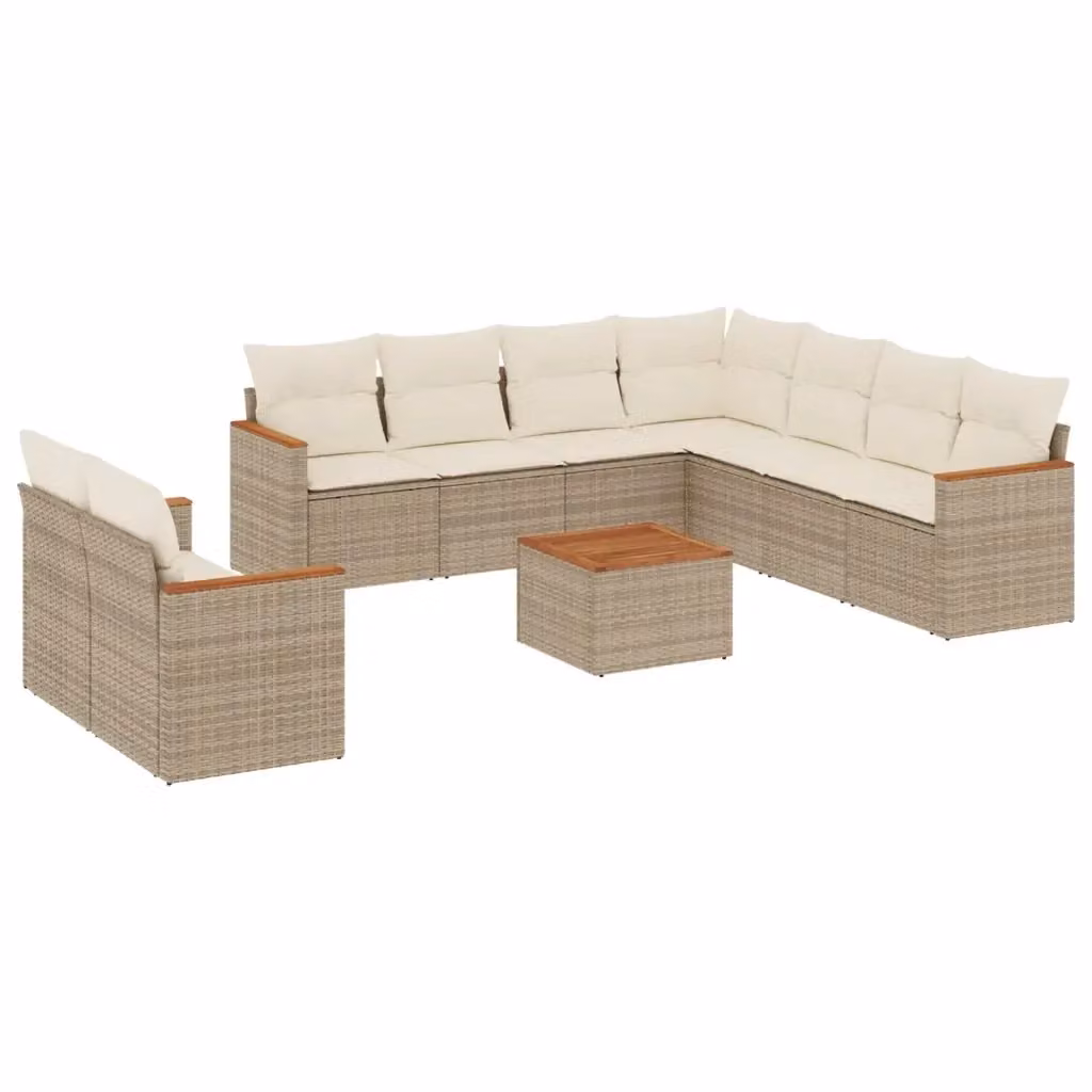 vidaXL Set Divano da Giardino a L 10 pz con Cuscini Beige e Tavolino in Polyrattan e Acciaio – 2