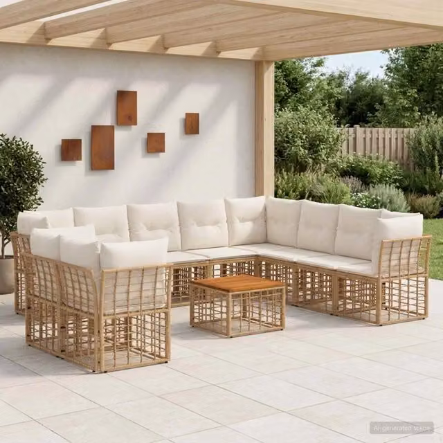 Set di divani da esterno 11 pz Naturale e Bianco Crema 3437506