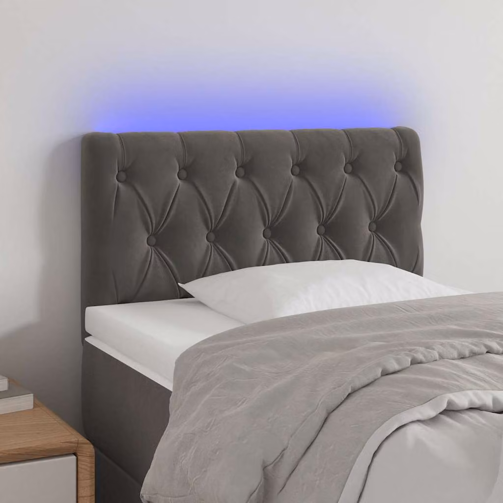 Testiera per letto vidaXL in velluto grigio scuro con illuminazione LED e porta di ricarica USB, L: 80 cm, P: 7 cm, H: 78-88 cm