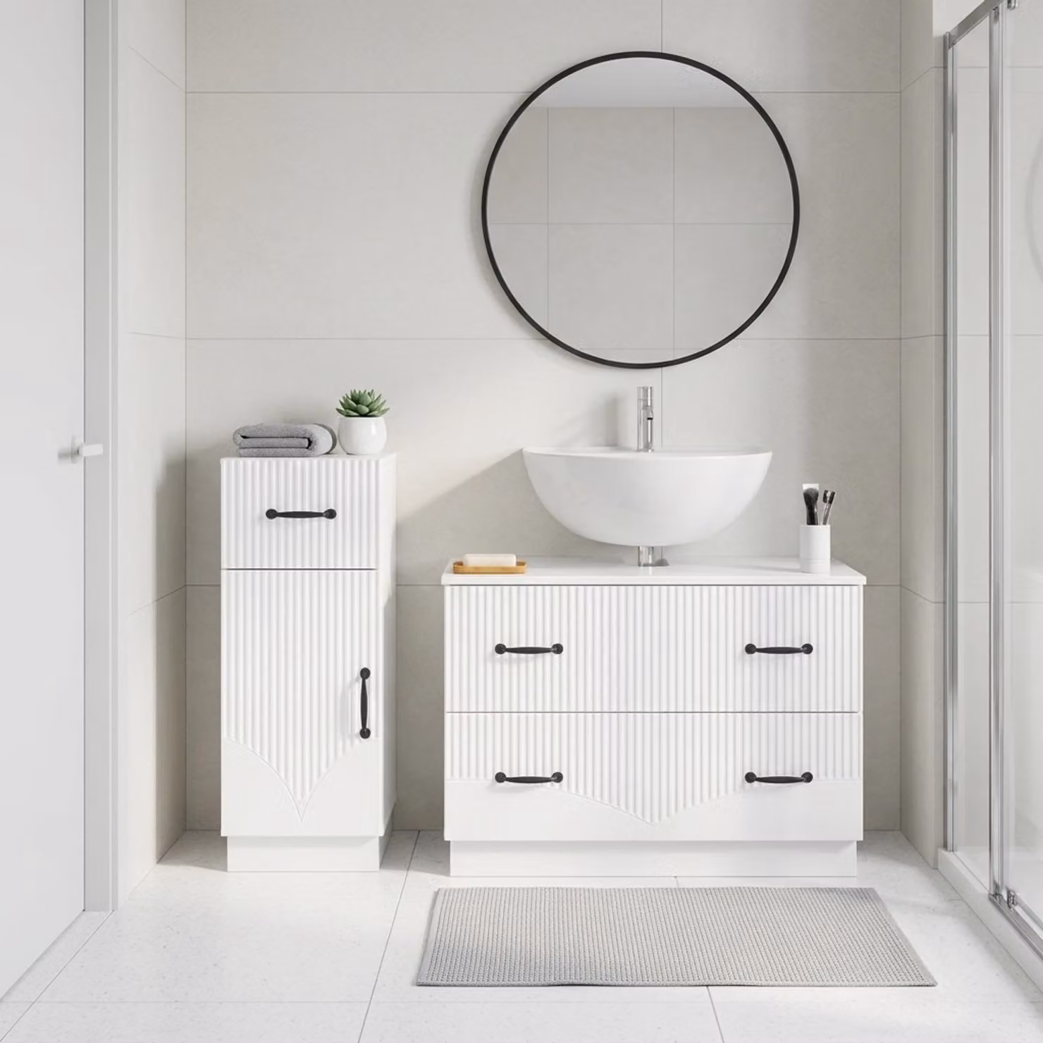 Set di mobili da bagno vidaXL HOORN composto da mobile lavabo e mobile contenitore, bianco lucido, L/P/H: 82,0 x 35,85 x 59,0 cm e 41,0 x 76,7 x 82,0 cm