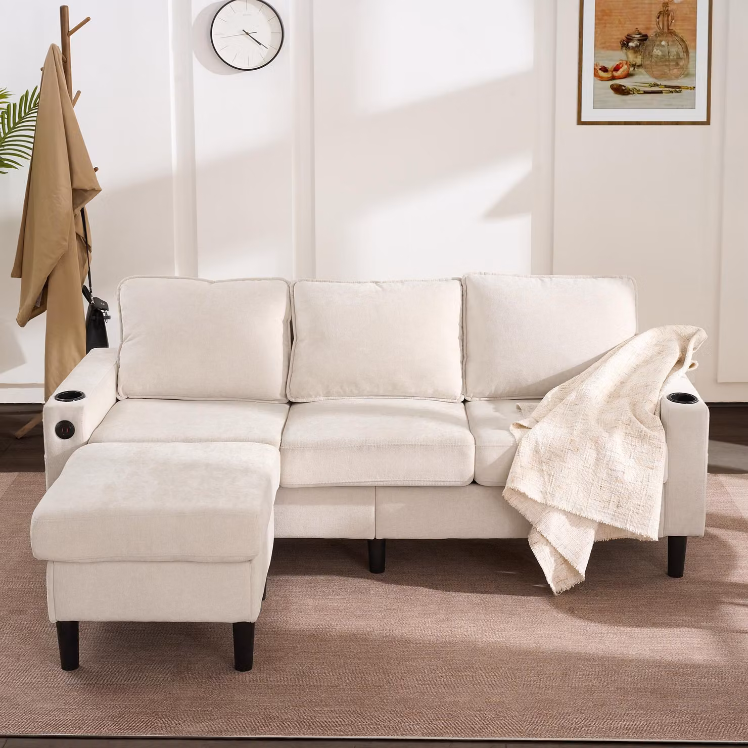 Divano letto angolare a 3 posti a forma di L con portabicchieri e porte USB, Beige, L/P/H: 202 x 137 x 80 cm – 2