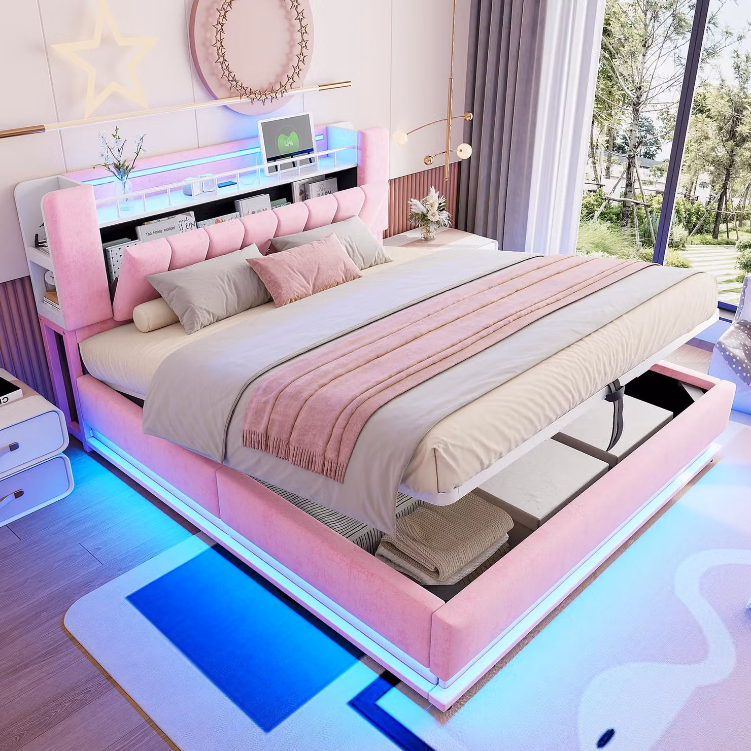 Letto imbottito 180 x 200 cm con illuminazione LED, prese USB e spazio contenitore ad apertura idraulica, testiera con vano contenitore, rete a doghe in metallo, rivestimento in velluto, colore rosa