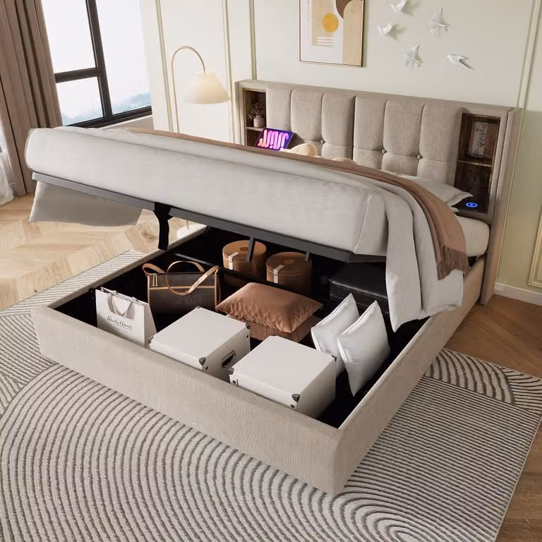 Letto imbottito 180x200 cm con spazio contenitore, funzione di ricarica wireless, 2 porte USB e una porta USB-C, rivestito in lino color naturale, struttura del letto con rete a listelli in legno