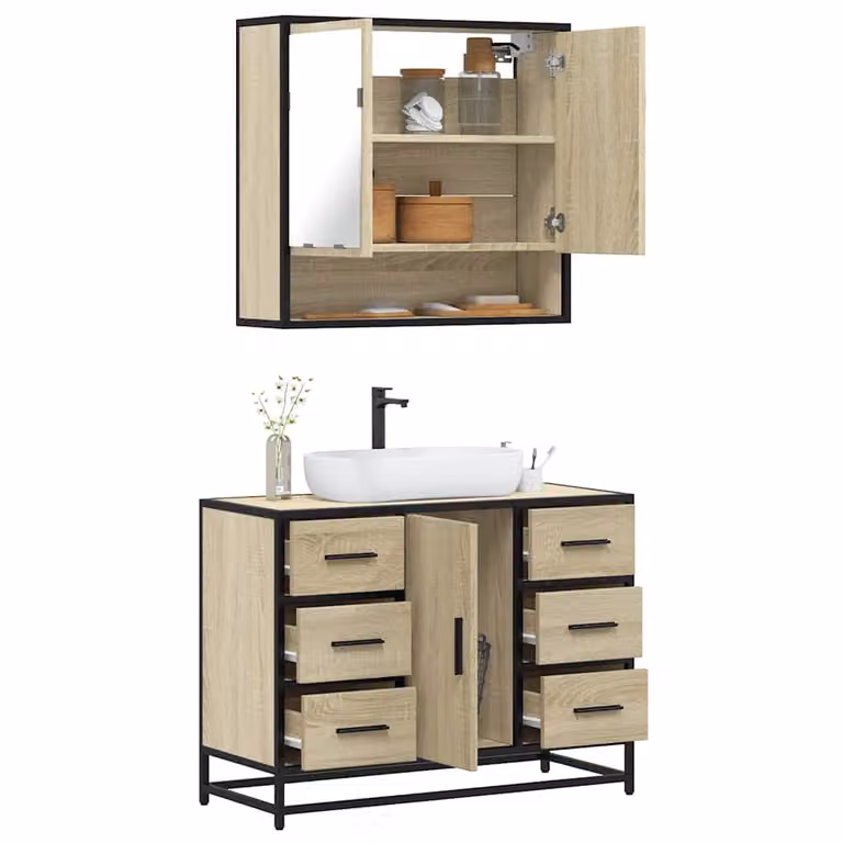 Set Mobili da Bagno 2 pz vidaXL in Stile Industrial con Mobile Lavabo e Armadietto Specchio Marrone