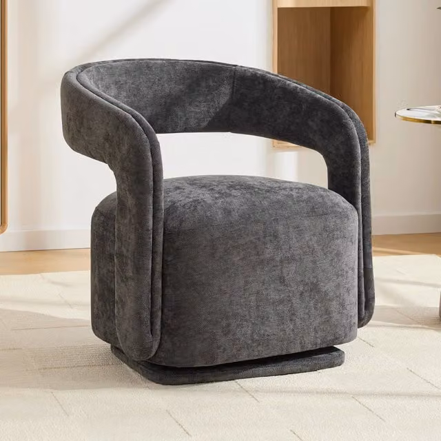Poltrona girevole a 360 gradi Mivray in chenille grigio scuro con struttura in legno, L: 74 cm, P: 65,5 cm, H: 70 cm