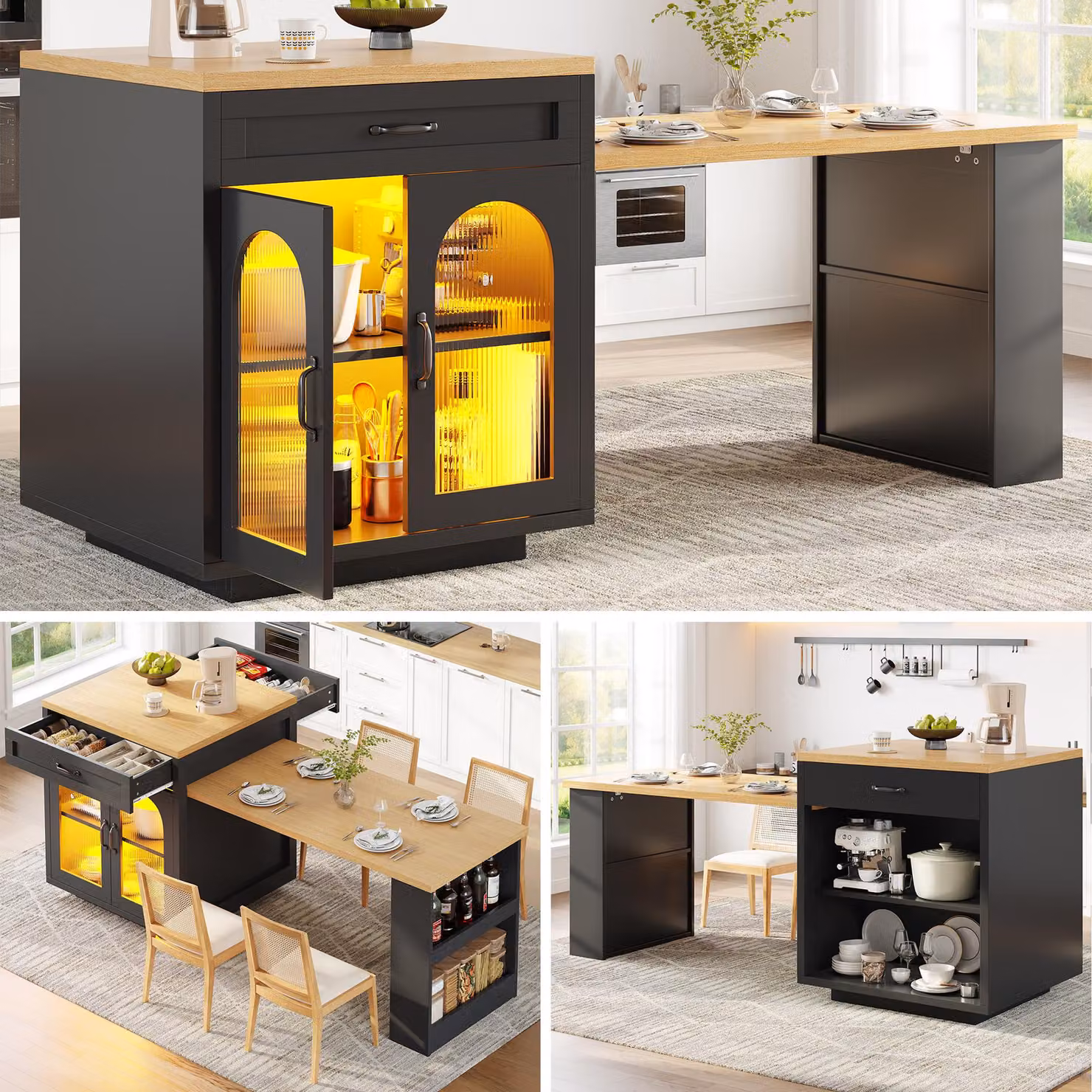 Isola da cucina estendibile, con illuminazione a LED, 2 cassetti, ripiani regolabili, ante in vetro lavorato e piano di lavoro in MDF