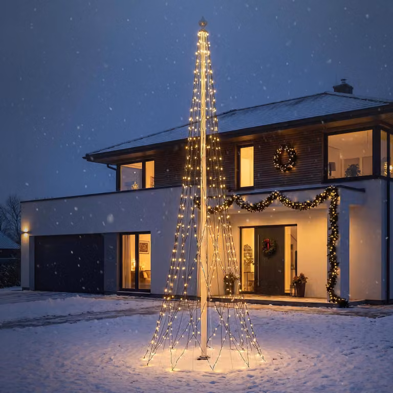 Catena luminosa a LED ECD Germany per bandiere, decorazioni natalizie da esterno, albero di Natale. Lunghezza 8 metri, 1440 LED, luce bianca calda, con timer e telecomando