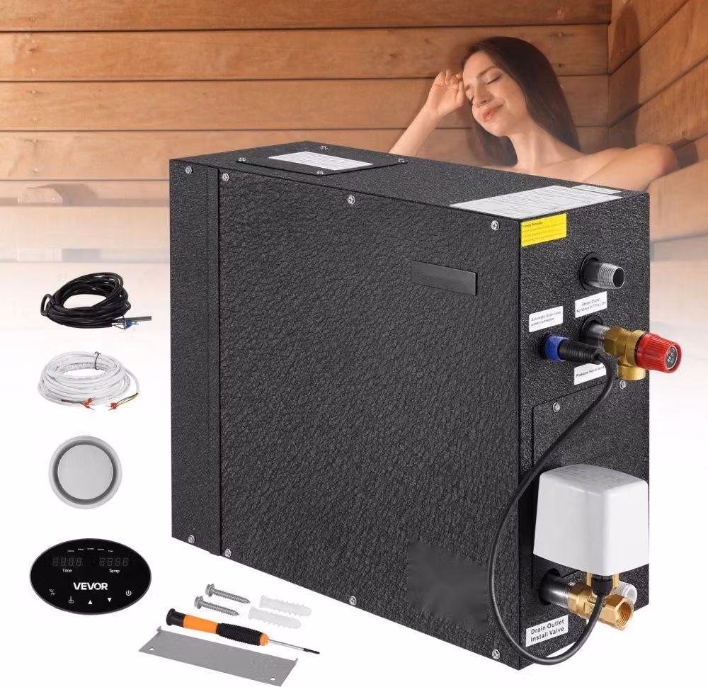 Generatore di vapore 7,5 kW - Sistema di doccia a vapore per sauna, bagno e spa - Set di scarico automatico con protezione da surriscaldamento, funzionamento a secco e sovrapressione - Generatore di vapore con unità di controllo, nero - per uso commercial