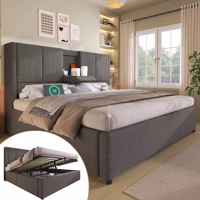 Letto imbottito grigio 140x200 cm con contenitore idraulico, ricarica USB-C e portabicchieri