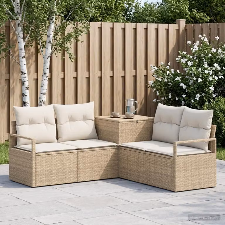 Set di divani da giardino vidaXL in polyrattan beige e bianco crema con struttura in metallo e cuscini inclusi