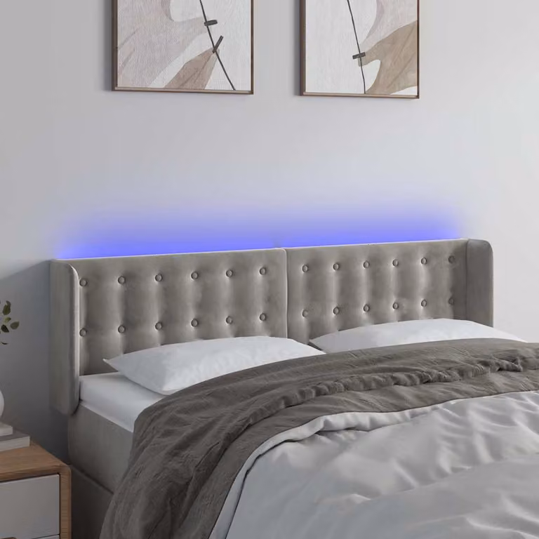 Testiera per letto vidaXL in velluto grigio con illuminazione LED e porta di ricarica USB, L: 147 cm, P: 16 cm, H: 78-88 cm