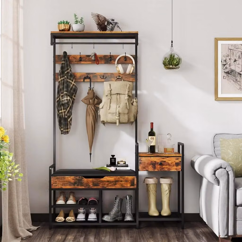 Appendiabiti da terra industriale con panchina e scaffale per scarpe Marrone Rustico, Altezza: 178 cm – 2
