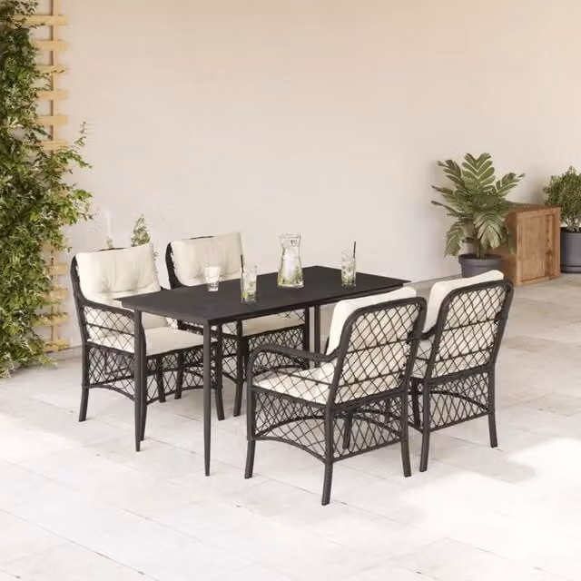Set da Pranzo da Giardino 5 pz Nero con Cuscini in Polyrattan