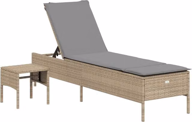 Lettino Prendisole | Sdraio da giardino | Lettino da sole con Tavolo e Cuscino Beige in Polyrattan