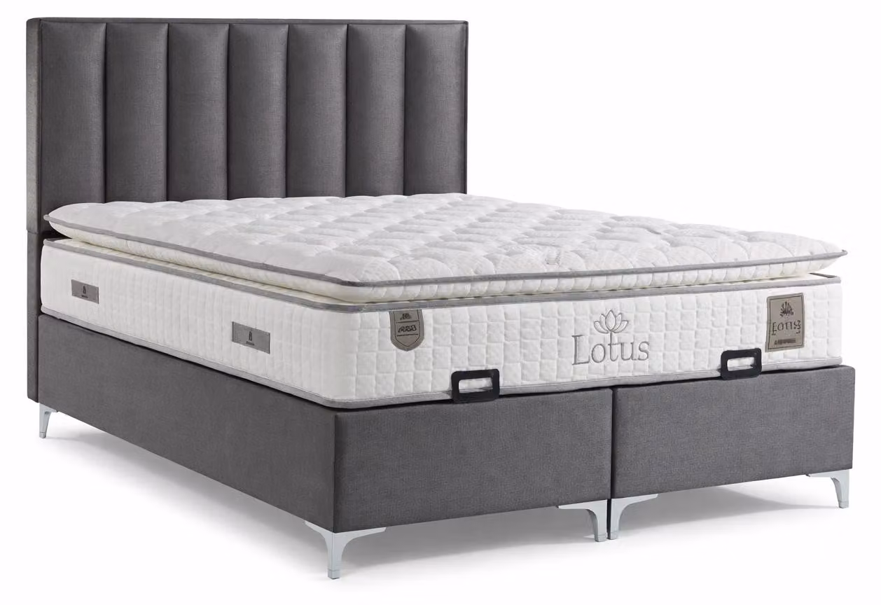 Letto con materasso grigio, stile moderno, materasso morbido, letto con contenitore