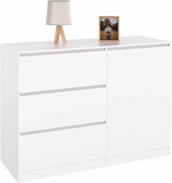 IDMarket Cassettone TOMI con 3 cassetti e 1 anta, colore bianco opaco, L: 110 cm, H: 80 cm, P: 40 cm