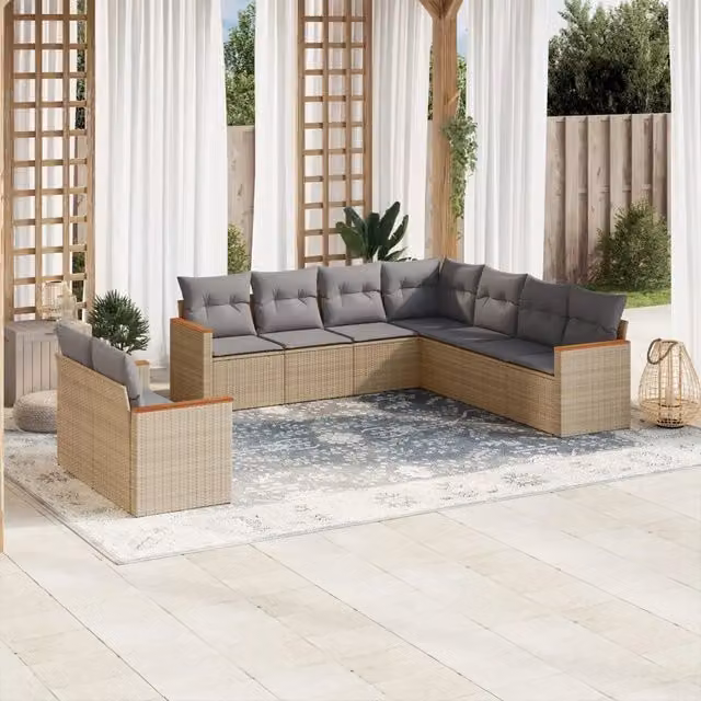 Set Divano da Giardino VIDAXL in Polyrattan Beige con Cuscini, Design Moderno a L per 9 Persone – 1