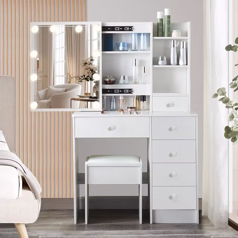 Comò da trucco con illuminazione e sgabello, 6 cassetti, in MDF, dimensioni 36x80x131 cm