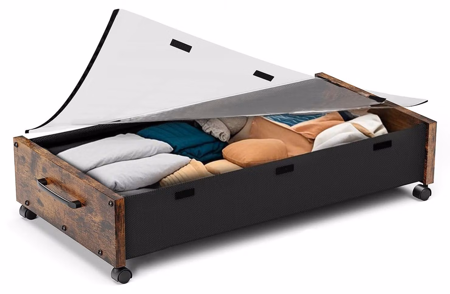 Contenitore sottobordo con ruote, ideale per riporre vestiti, scatole di legno, dotato di coperchio trasparente