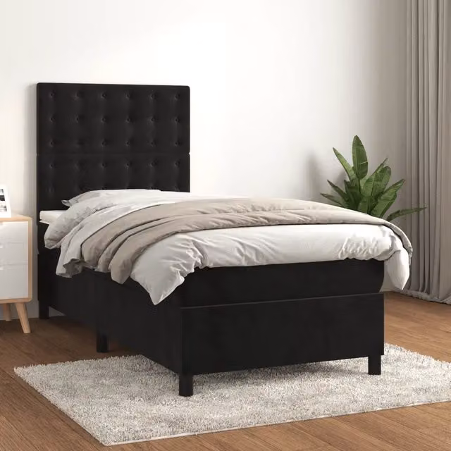 Letto Ibrido vidaXL con Giroletto a Molle e Materasso in Velluto Nero e Bianco L/P/H: 203 x 90 x 128 cm – 1