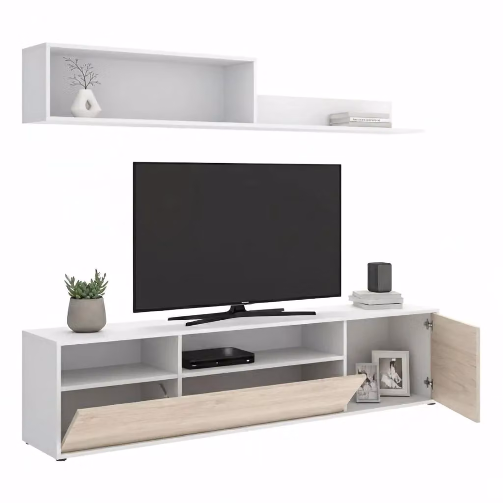 Parete attrezzata Jelawat DMORA per soggiorno, mobile salotto moderno con armadio porta TV, L 180 cm x P 35 cm x H 44 cm, Bianco e Rovere – 2