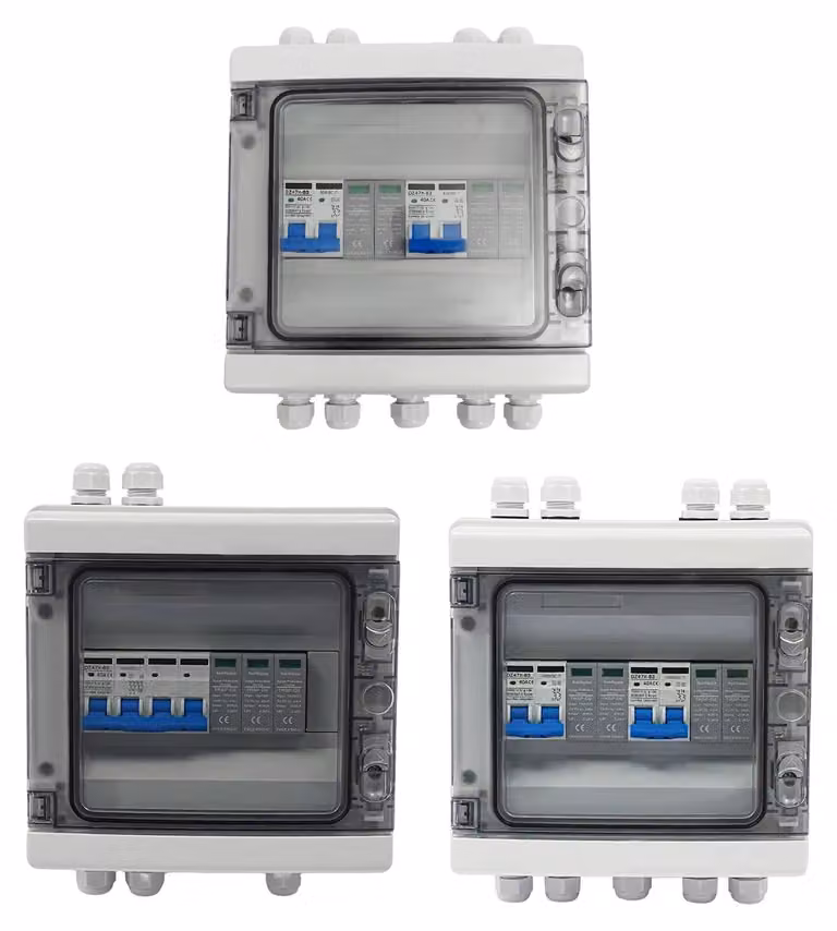 Scatola combinatore DC solare - Distributore di corrente continua per impianti fotovoltaici - 1000V DC - 1 ingresso, 1 uscita - Interruttore di protezione da sovracorrente da 40A, 4,5kA - Grado di protezione IP65 - Montaggio a parete - 21x21x9 cm - Grigio