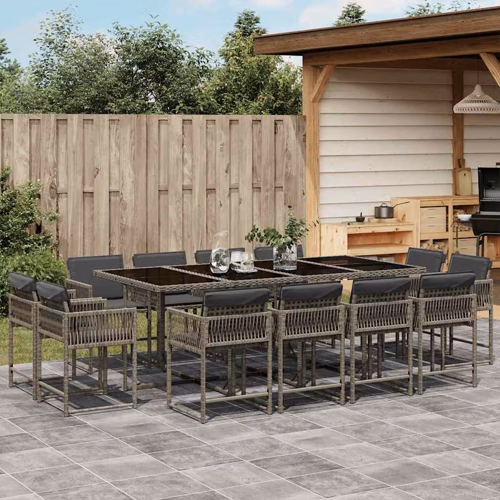 Set da Pranzo da Giardino vidaXL in Polyrattan con Cuscini e Tavolo in Vetro, 13 Pezzi, Grigio e Nero – 1