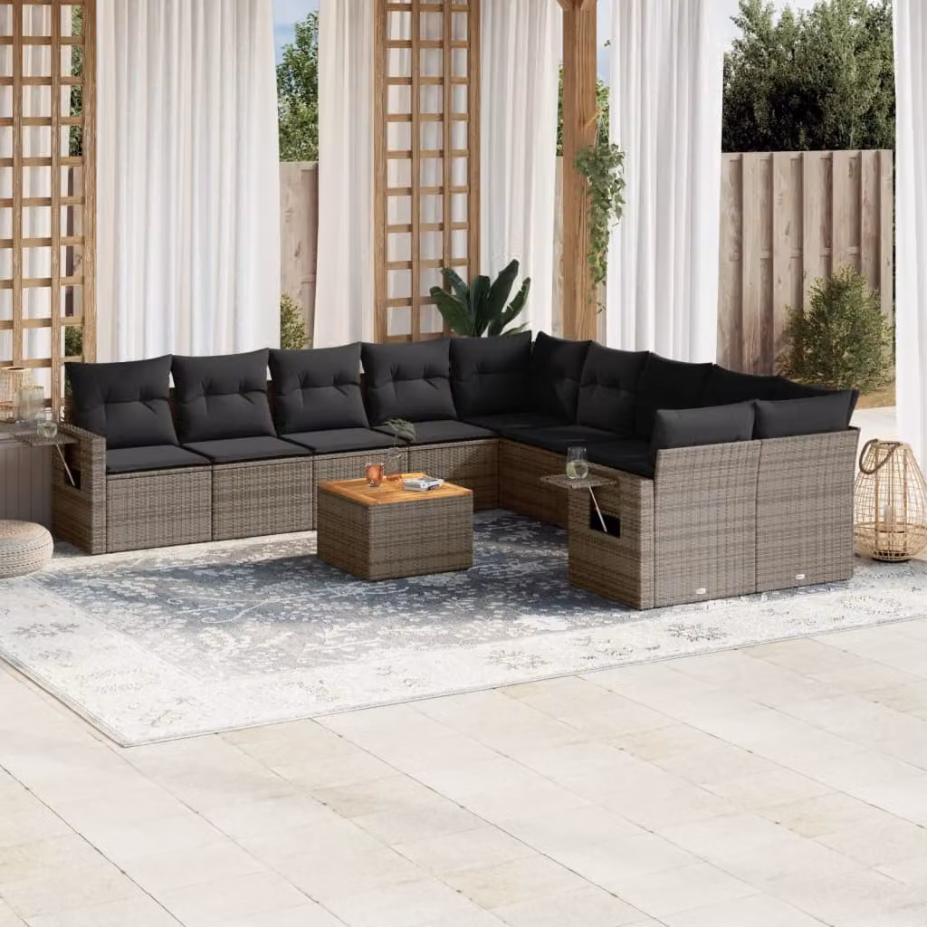 vidaXL Set Divani da Giardino 11 pz in Polyrattan Grigio con Cuscini e Tavolino da Esterno – 1