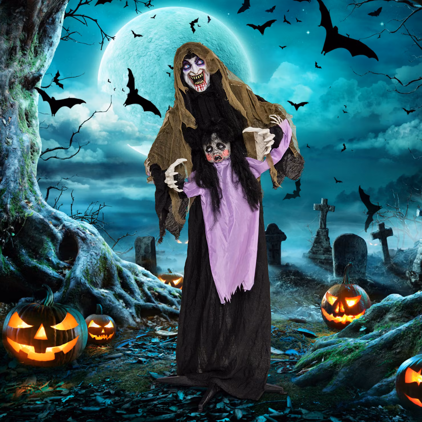 Costway Vampiro animato di halloween con attivazione sonora, Decorazioni di halloween mobile con bambina suono terrificante