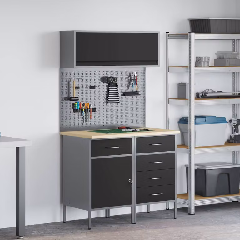 Set di mobili da lavoro vidaXL con scaffale e cassetto, 5 pezzi, Nero